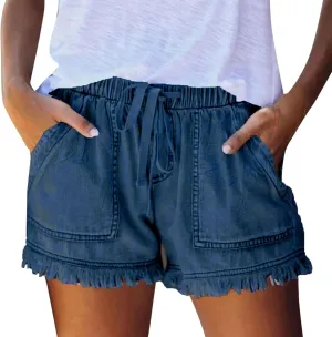 Denim Shorts for Women Casual Drawstring Elastic Waist Shorts Baggy Frayed Raw Hem Summer Comfy Jeans Short with Pockets