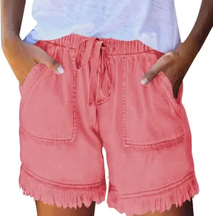 Denim Shorts for Women Casual Drawstring Elastic Waist Shorts Baggy Frayed Raw Hem Summer Comfy Jeans Short with Pockets