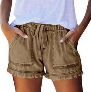 Denim Shorts for Women Casual Drawstring Elastic Waist Shorts Baggy Frayed Raw Hem Summer Comfy Jeans Short with Pockets