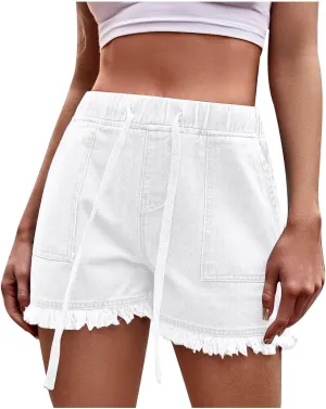 Denim Shorts for Women Lightweight Frayed Raw Hem Jean Shorts Wide Leg Drawstring Waist Short Pants with Pockets