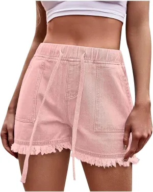 Denim Shorts for Women Lightweight Frayed Raw Hem Jean Shorts Wide Leg Drawstring Waist Short Pants with Pockets