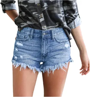 Denim Shorts for Women Mid Rise Frayed Ripped Jean Shorts Stretchy Folded Hem Hot Short Jeans Summer Dressy Casual