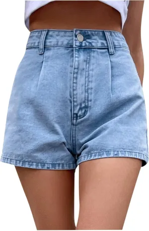 Denim Shorts for Women Mid Rise Frayed Ripped Jean Shorts Stretchy Folded Hem Hot Short Jeans Summer Dressy Casual