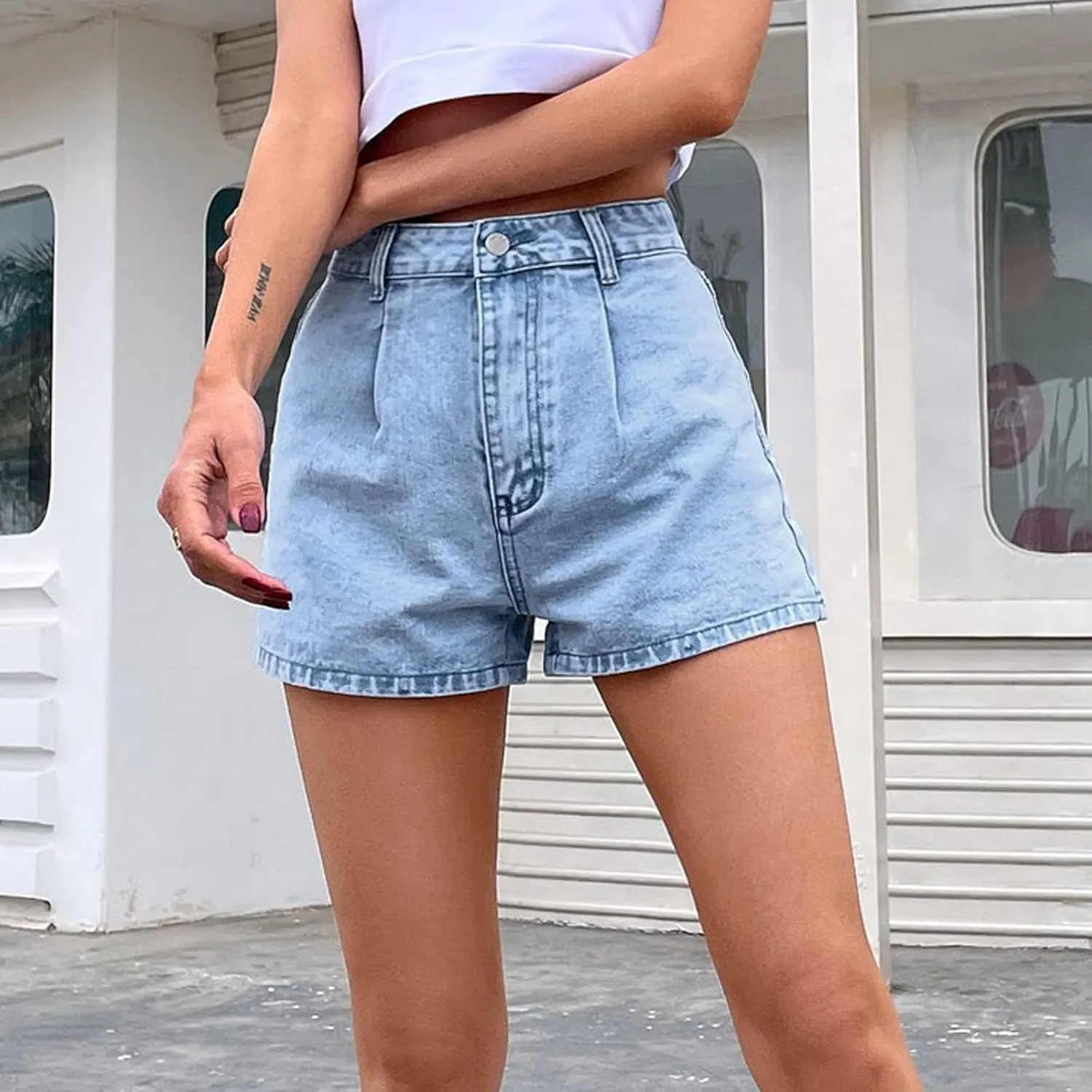 Denim Shorts for Women Mid Rise Frayed Ripped Jean Shorts Stretchy Folded Hem Hot Short Jeans Summer Dressy Casual