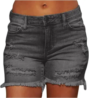 Denim Shorts for Women Mid Rise Ripped Jean Shorts Stretchy Folded Hem Hot Short Jeans Summer Fashion Dressy Casual