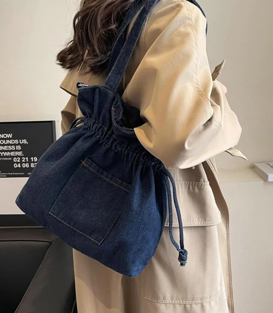 Denim Shoulder Bag for Women Canvas Tote Bag Crossbody Bag Aesthetic Large Denim Messenger Bag Hobo Handbags with Drawstring