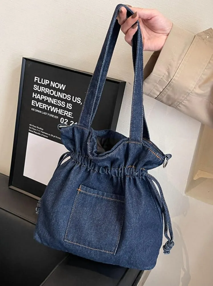 Denim Shoulder Bag for Women Canvas Tote Bag Crossbody Bag Aesthetic Large Denim Messenger Bag Hobo Handbags with Drawstring