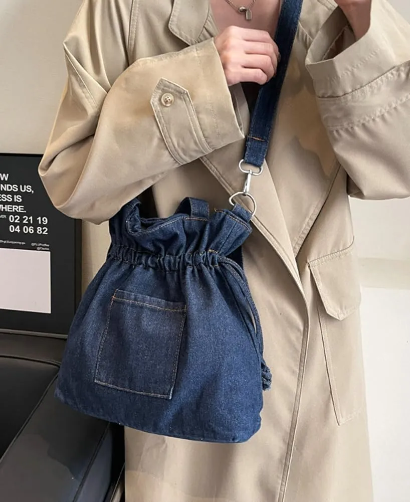 Denim Shoulder Bag for Women Canvas Tote Bag Crossbody Bag Aesthetic Large Denim Messenger Bag Hobo Handbags with Drawstring