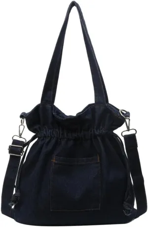 Denim Shoulder Bag for Women Canvas Tote Bag Crossbody Bag Aesthetic Large Denim Messenger Bag Hobo Handbags with Drawstring