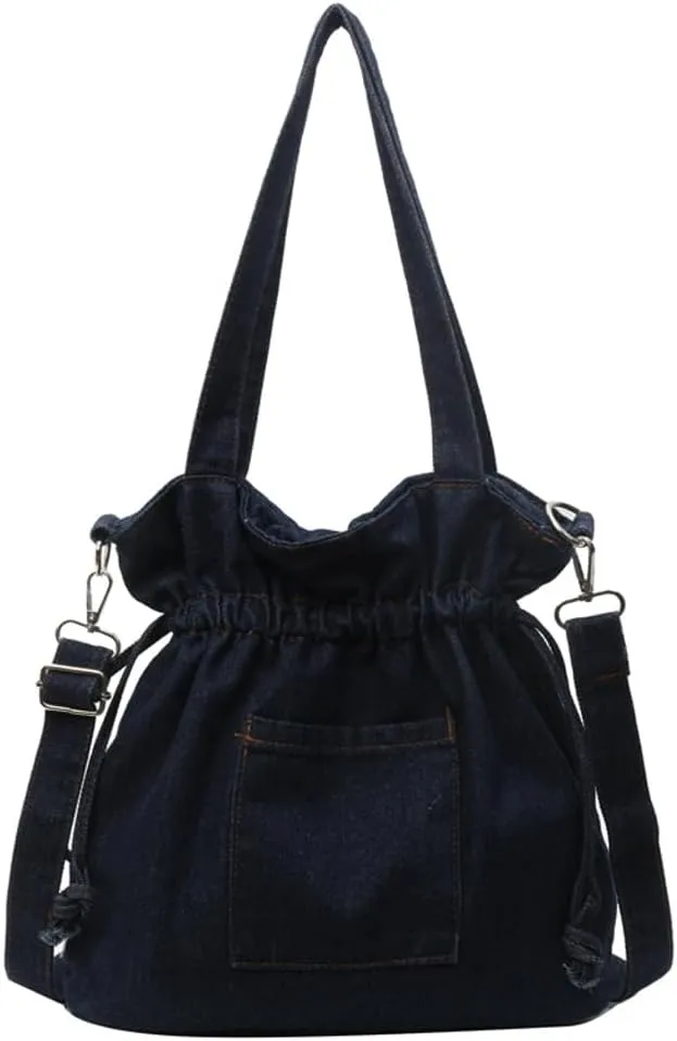 Denim Shoulder Bag for Women Canvas Tote Bag Crossbody Bag Aesthetic Large Denim Messenger Bag Hobo Handbags with Drawstring