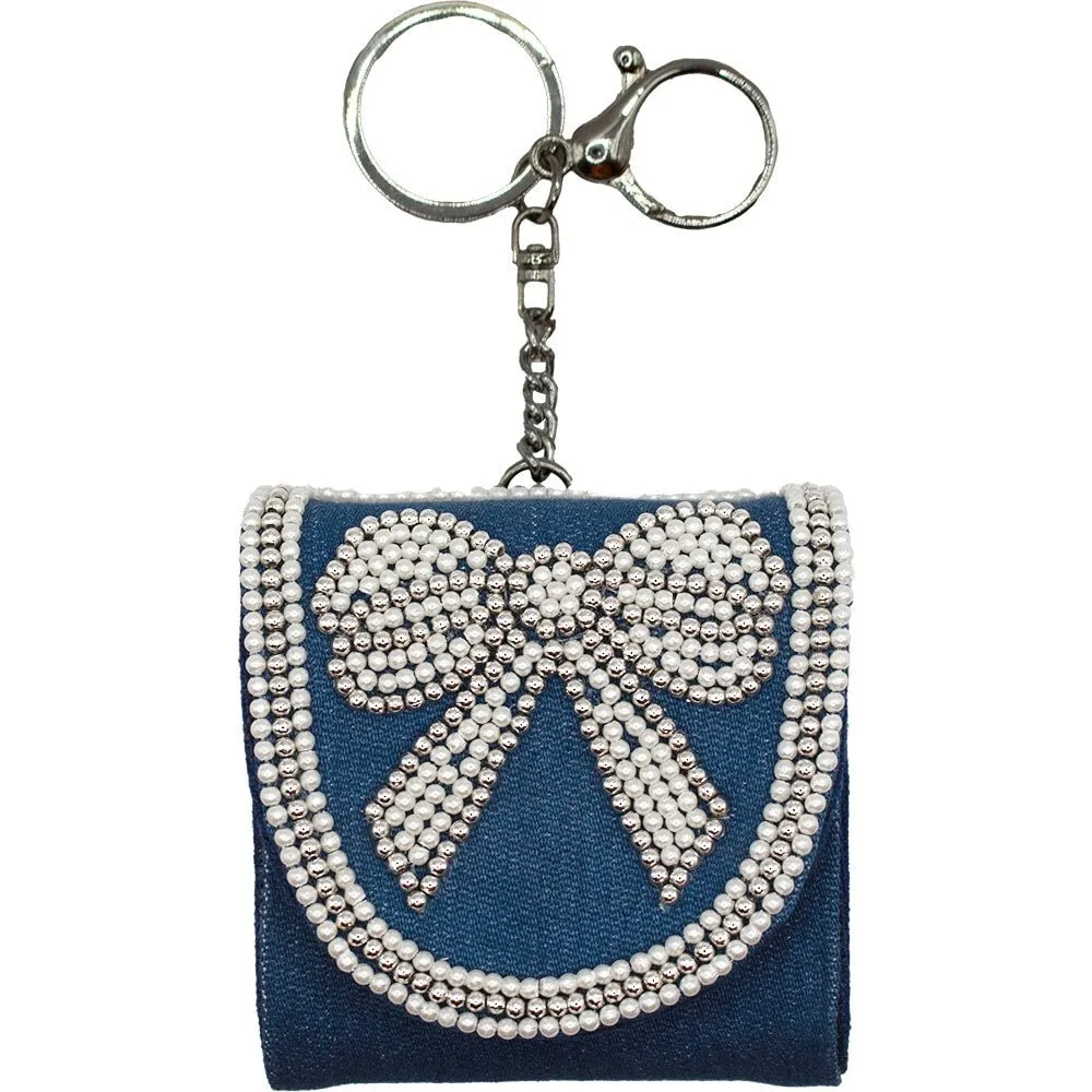 Denim With Beaded Bow Air Pod Holder/Keychain