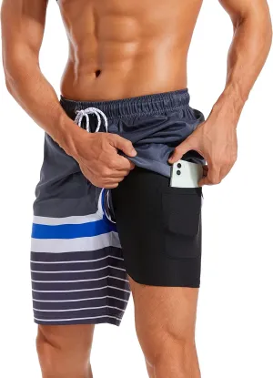 difficort Mens Swim Trunks with Compression Liner Quick Dry Bathing Suits Shorts with Zipper Pockets