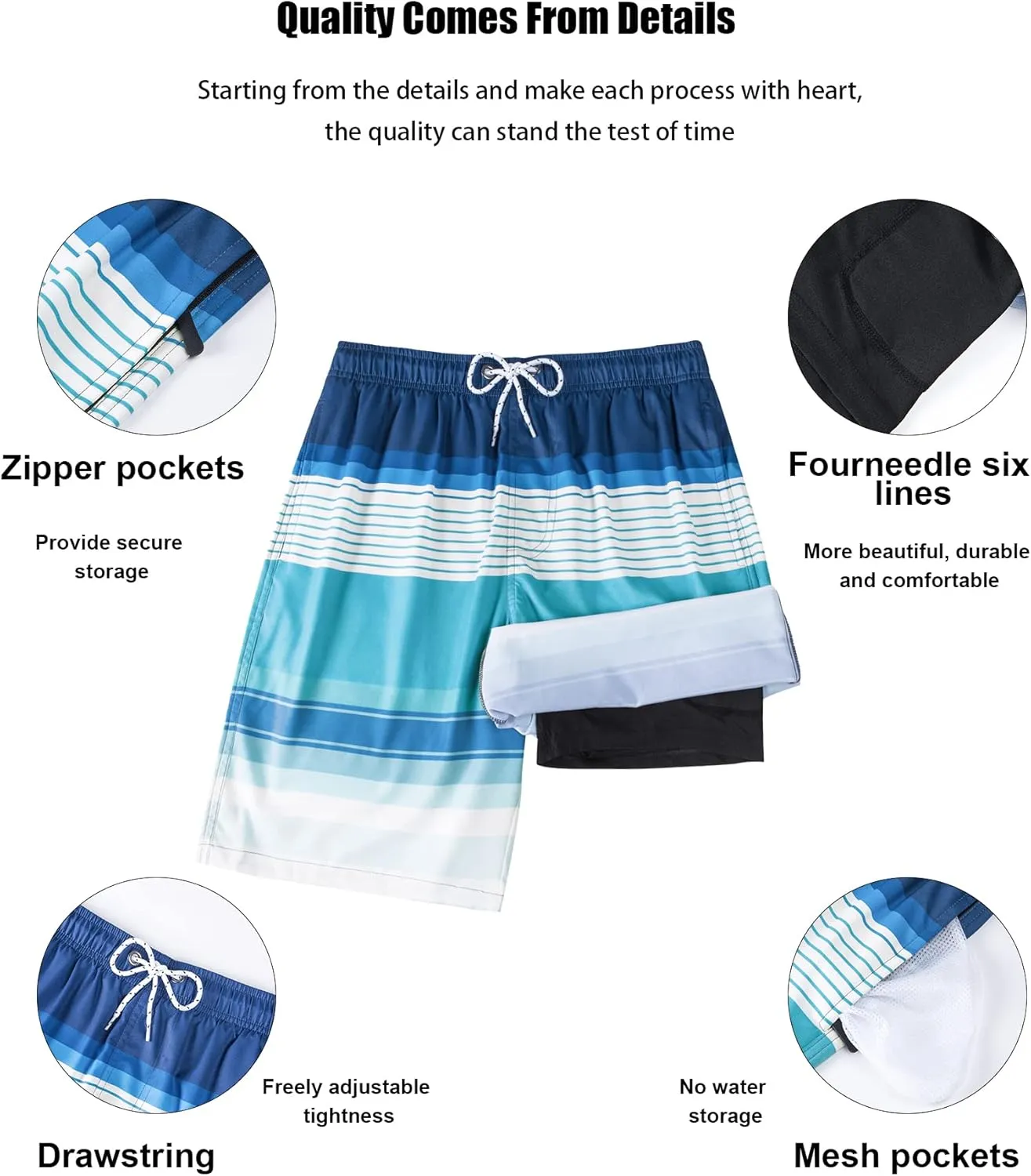 difficort Mens Swim Trunks with Compression Liner Quick Dry Bathing Suits Shorts with Zipper Pockets