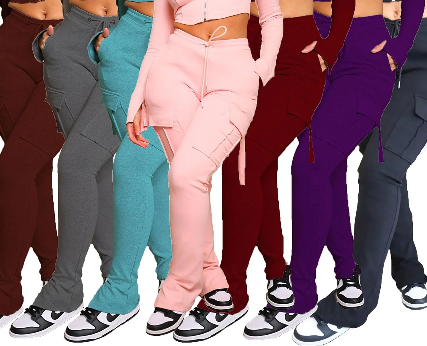 DINGANG Women's Drawstring Cargo Sweatpants with Pockets, Stretchy Casual Joggers Lounge Leggings