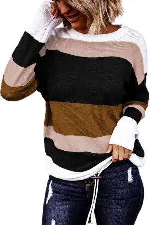Dokotoo Fall Sweaters Round Neck Striped Cute Winter Pullover Sweaters for Women Trendy 2024 Drawstring