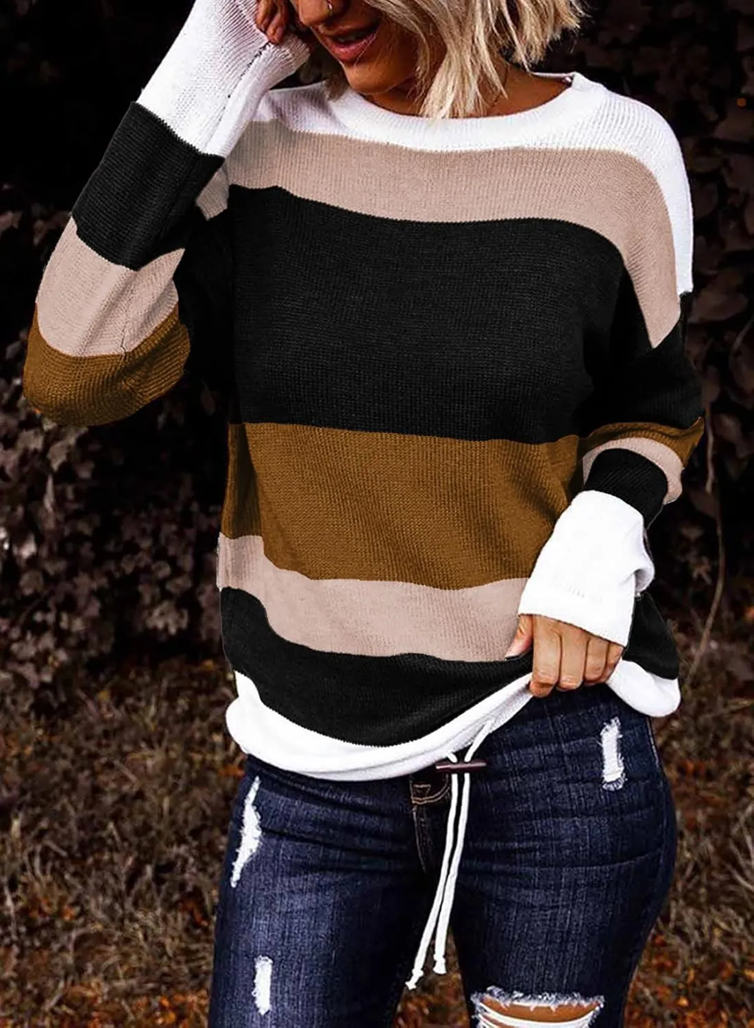 Dokotoo Fall Sweaters Round Neck Striped Cute Winter Pullover Sweaters for Women Trendy 2024 Drawstring