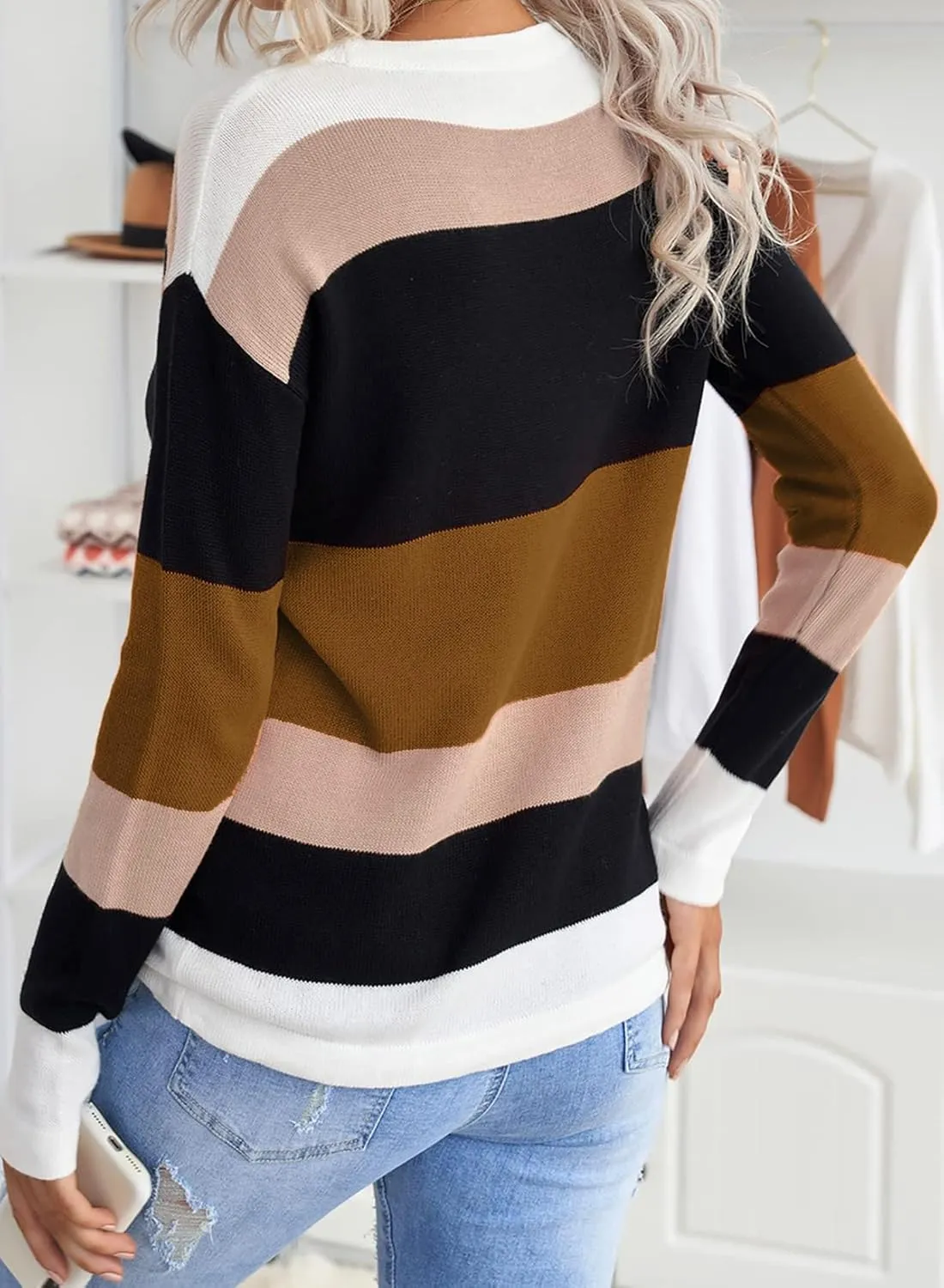 Dokotoo Fall Sweaters Round Neck Striped Cute Winter Pullover Sweaters for Women Trendy 2024 Drawstring