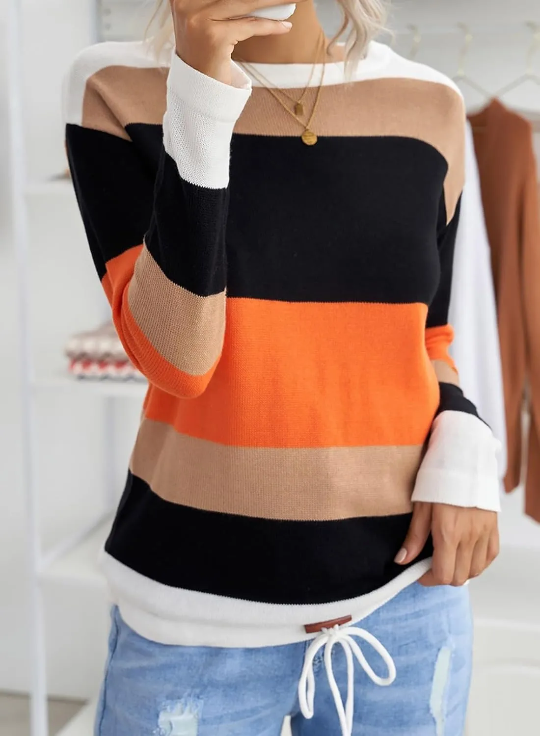 Dokotoo Fall Sweaters Round Neck Striped Cute Winter Pullover Sweaters for Women Trendy 2024 Drawstring