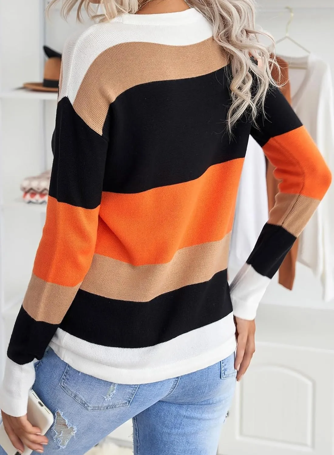 Dokotoo Fall Sweaters Round Neck Striped Cute Winter Pullover Sweaters for Women Trendy 2024 Drawstring
