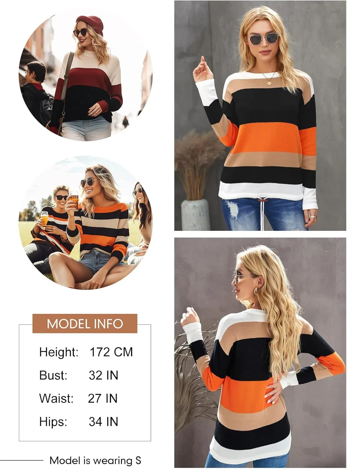 Dokotoo Fall Sweaters Round Neck Striped Cute Winter Pullover Sweaters for Women Trendy 2024 Drawstring