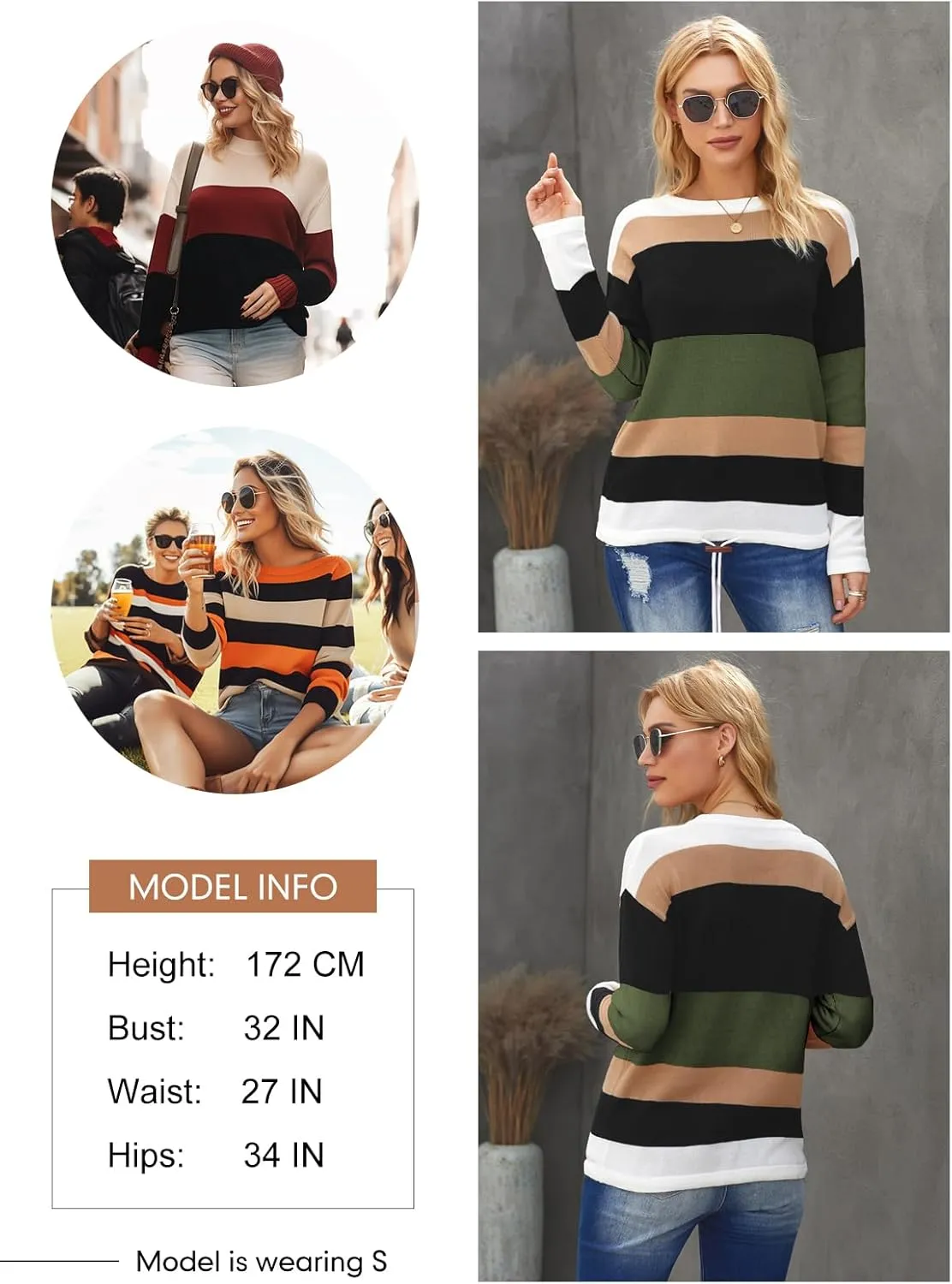 Dokotoo Fall Sweaters Round Neck Striped Cute Winter Pullover Sweaters for Women Trendy 2024 Drawstring