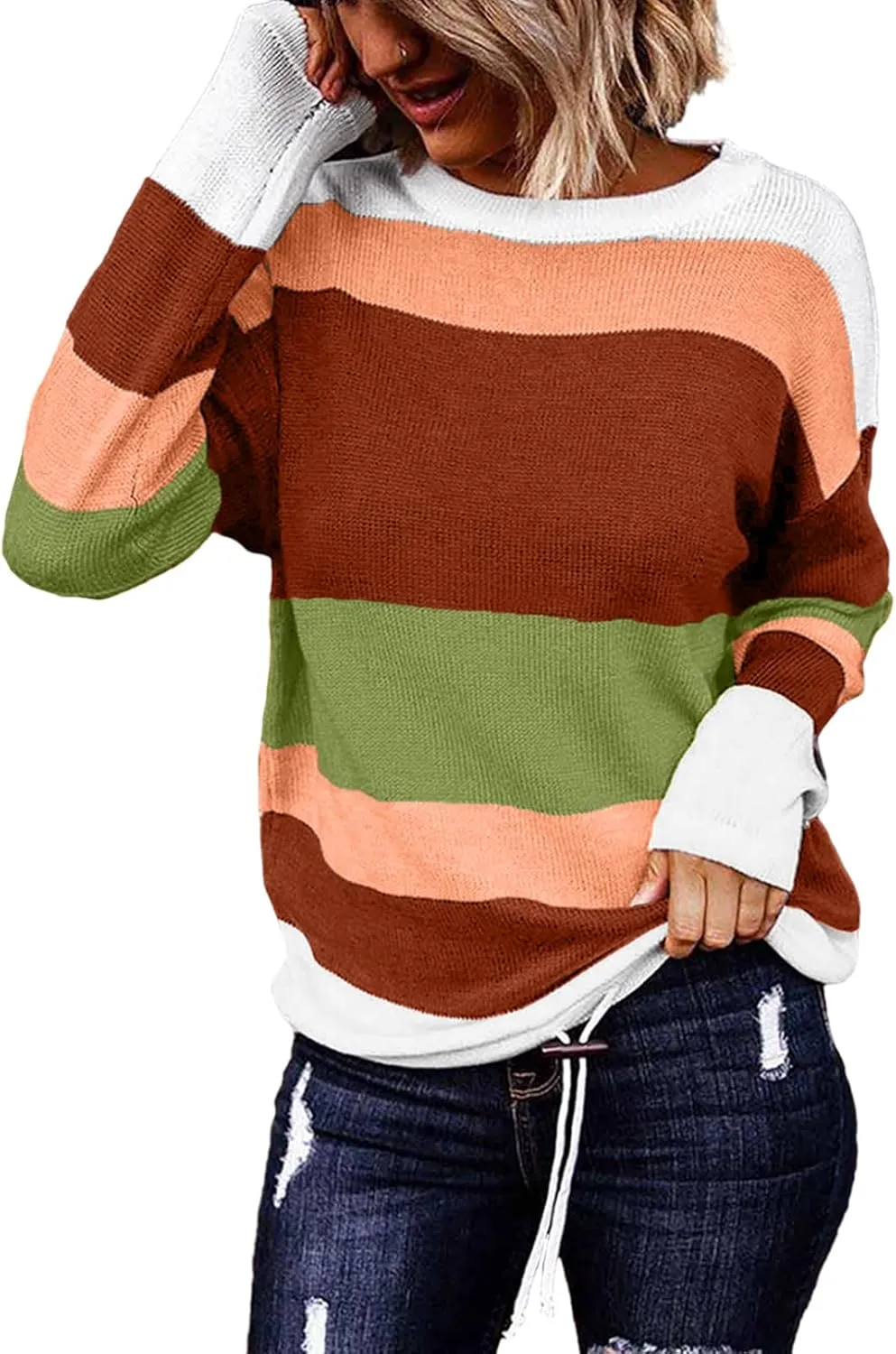 Dokotoo Fall Sweaters Round Neck Striped Cute Winter Pullover Sweaters for Women Trendy 2024 Drawstring