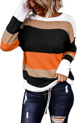 Dokotoo Fall Sweaters Round Neck Striped Cute Winter Pullover Sweaters for Women Trendy 2024 Drawstring