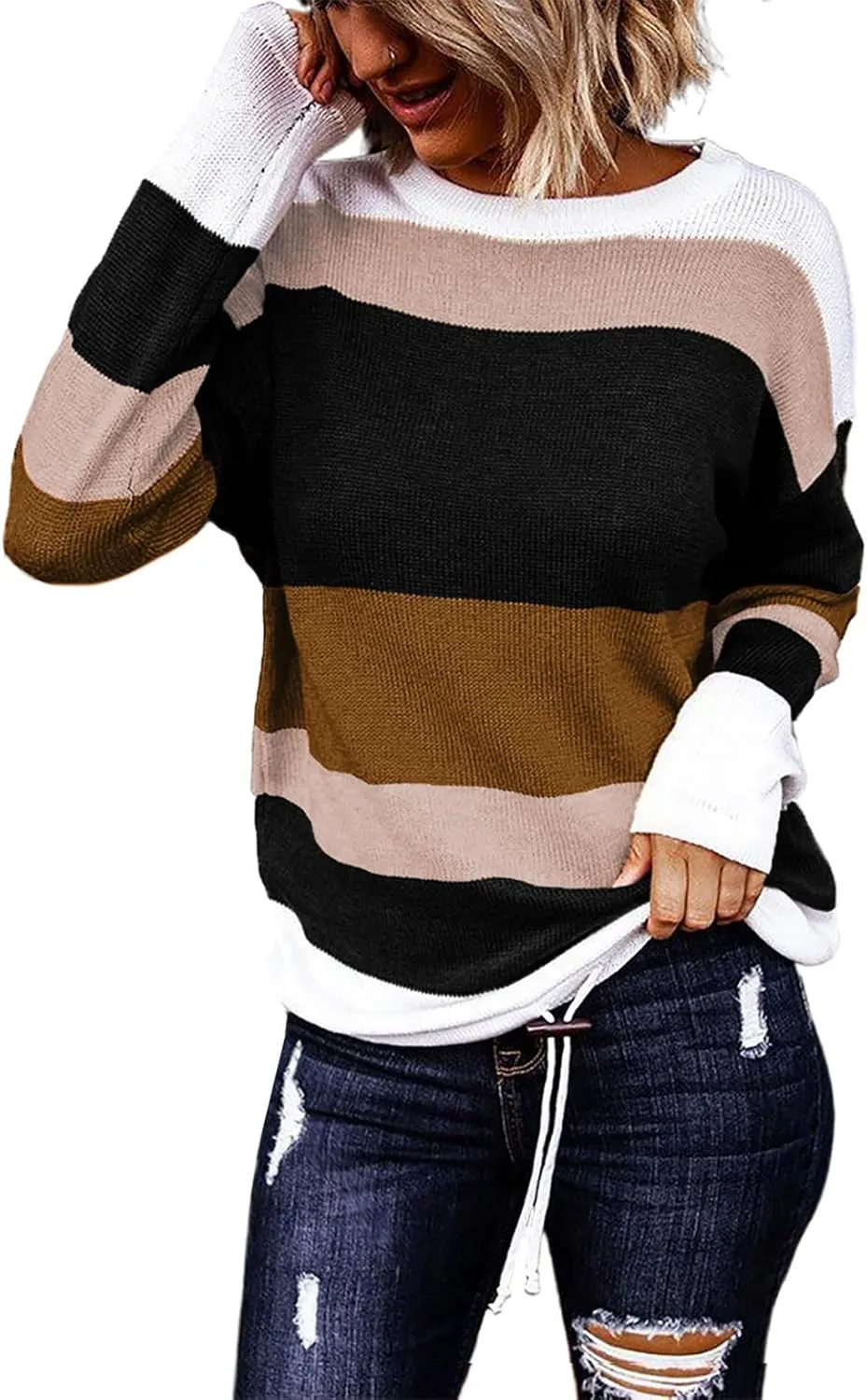 Dokotoo Fall Sweaters Round Neck Striped Cute Winter Pullover Sweaters for Women Trendy 2024 Drawstring