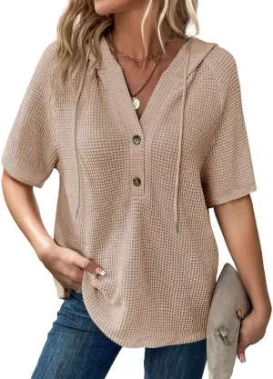 Dokotoo Womens Summer Tops Waffle Knit Short Sleeve Lightweight Drawstring Hoodies Button V Neck Casual Blouses Shirts