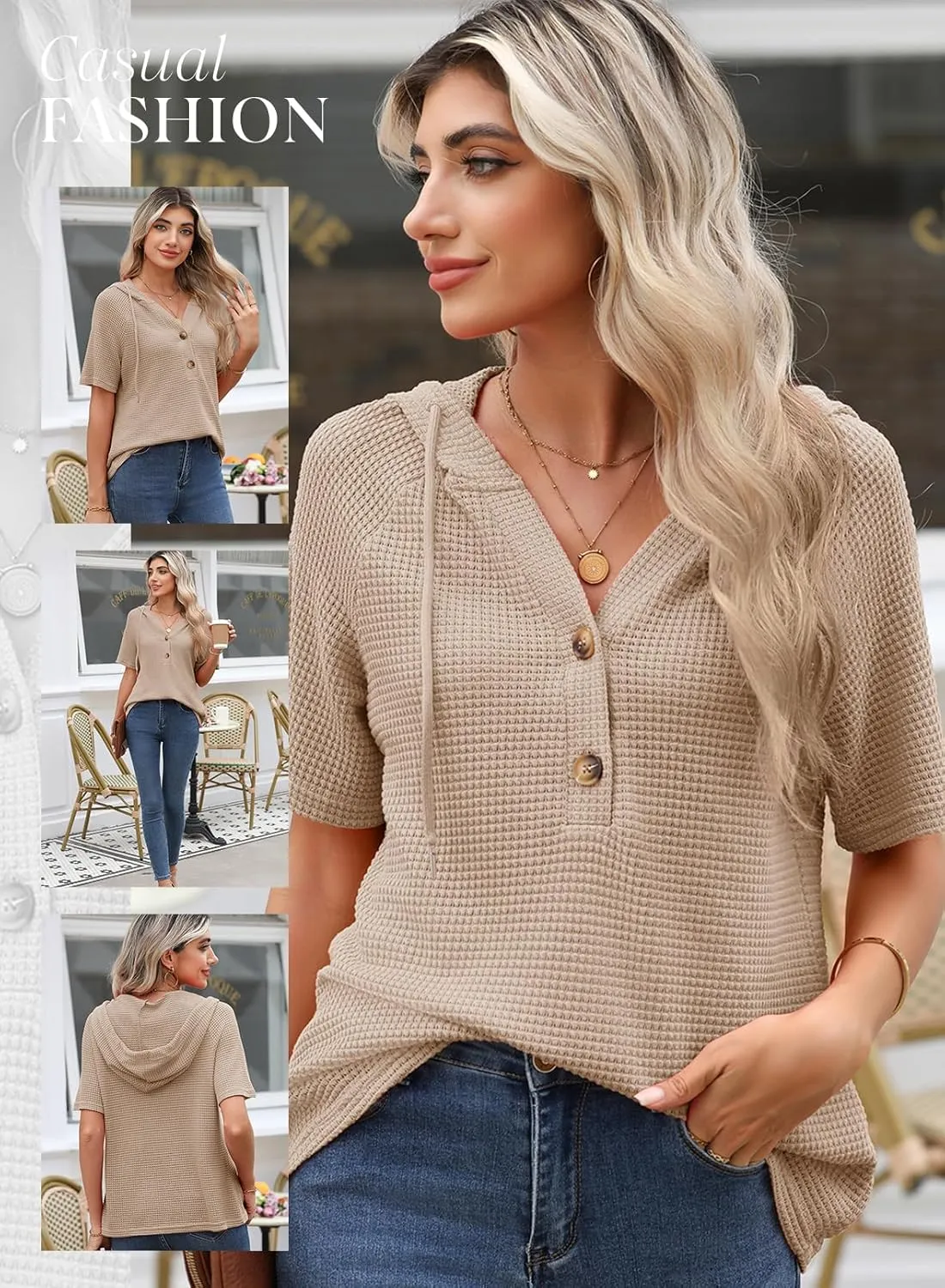 Dokotoo Womens Summer Tops Waffle Knit Short Sleeve Lightweight Drawstring Hoodies Button V Neck Casual Blouses Shirts