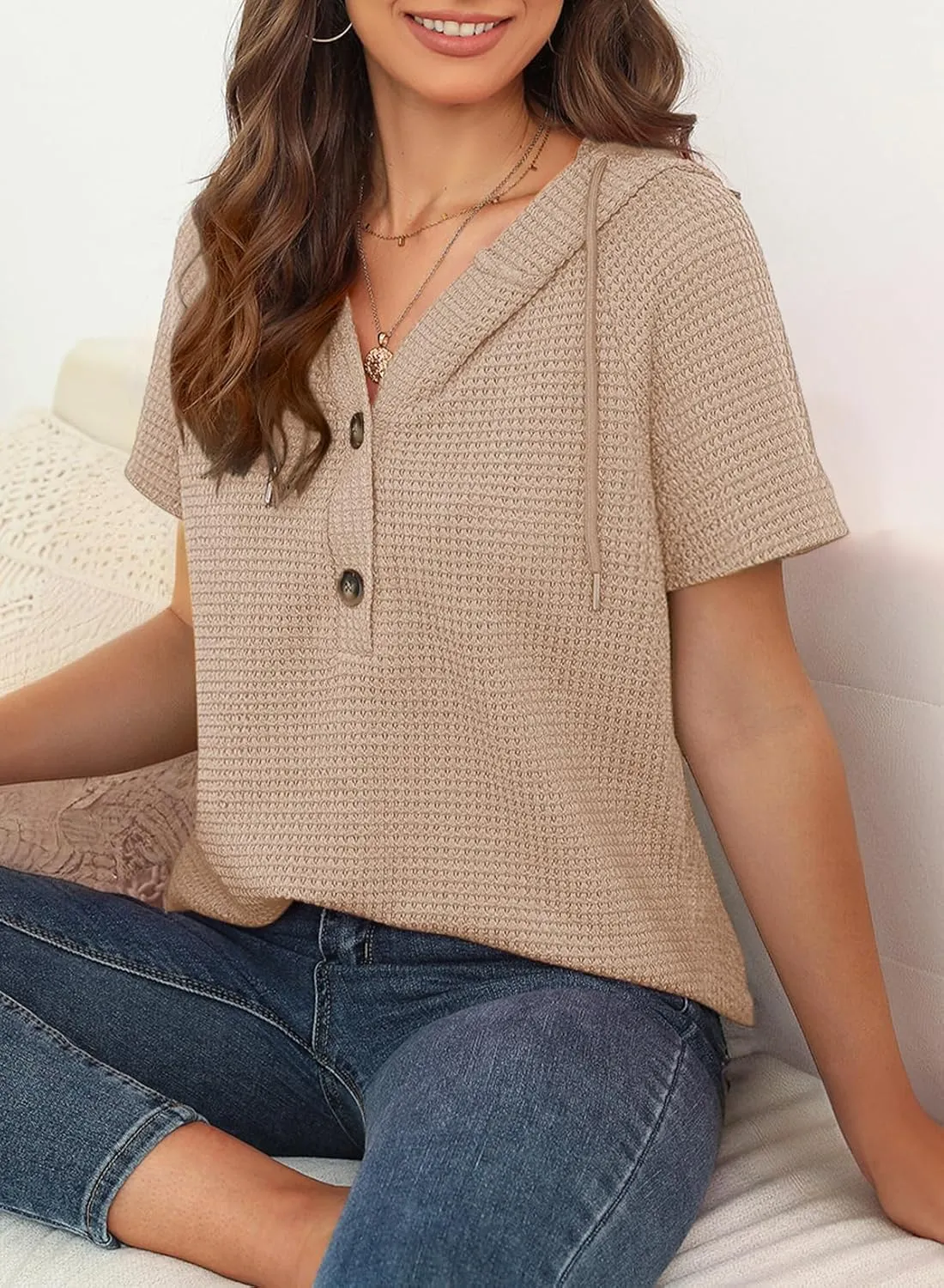 Dokotoo Womens Summer Tops Waffle Knit Short Sleeve Lightweight Drawstring Hoodies Button V Neck Casual Blouses Shirts
