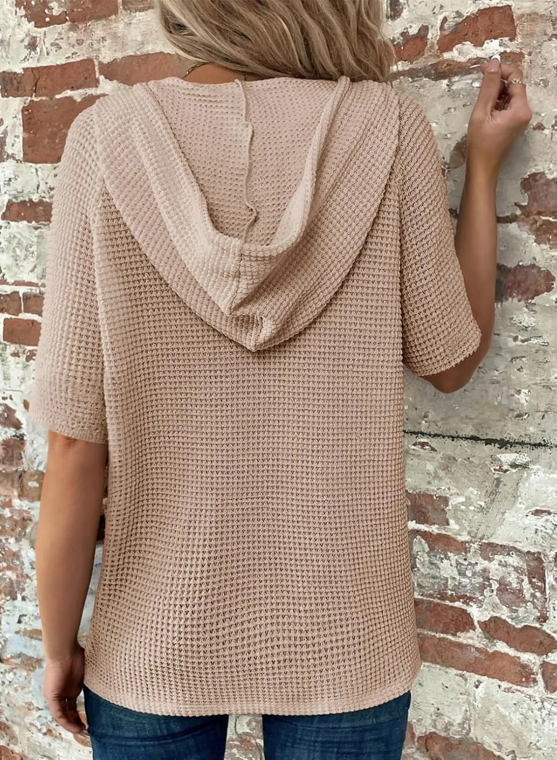 Dokotoo Womens Summer Tops Waffle Knit Short Sleeve Lightweight Drawstring Hoodies Button V Neck Casual Blouses Shirts