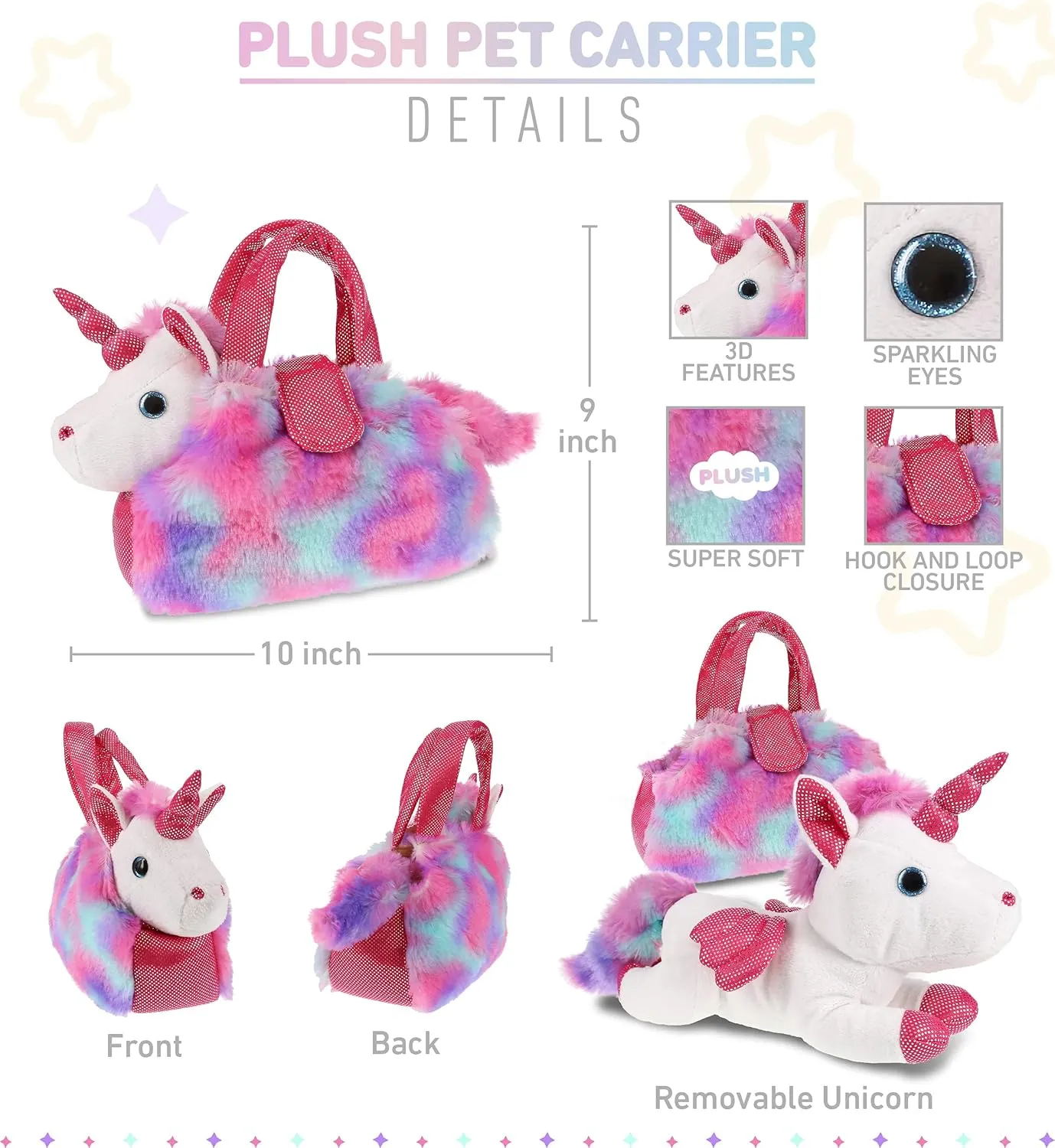 DolliBu Cotton Candy Pink Unicorn Plush Toy Pet Carrier - Cute Stuffed Animal Pet Purse for Girls, Removable Sparkly White Plush Toy in Fluffy Pink Handbag for Dress Up, Pretend Play