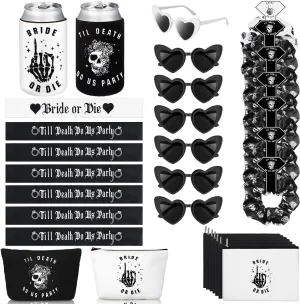 Domensi 35 Pcs Bride or Die Bachelorette Party Decorations Till Death Do Us Party Gifts Including Hair Scrunchies Heart Sunglasses Sash Makeup Bag Beer Can Cooler Sleeves for Wedding Supplies Gift