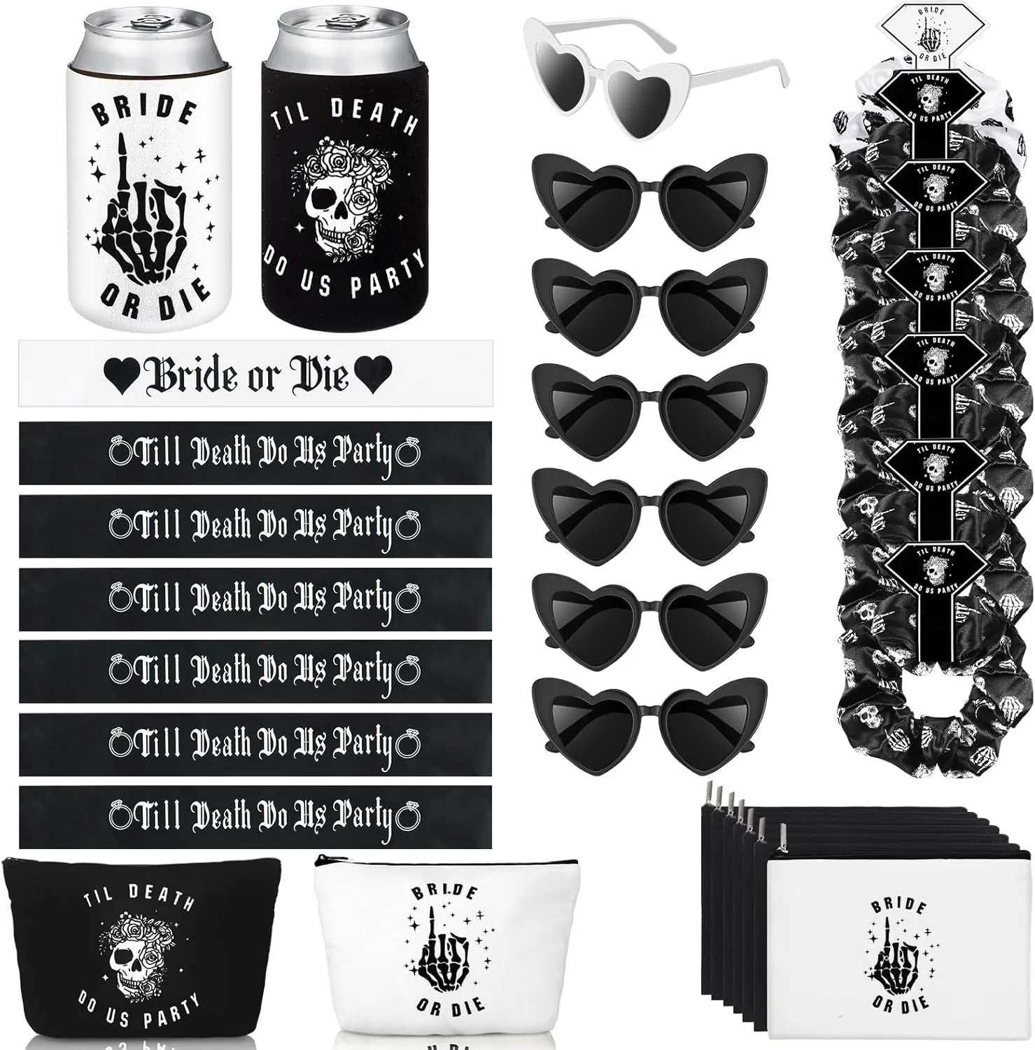 Domensi 35 Pcs Bride or Die Bachelorette Party Decorations Till Death Do Us Party Gifts Including Hair Scrunchies Heart Sunglasses Sash Makeup Bag Beer Can Cooler Sleeves for Wedding Supplies Gift