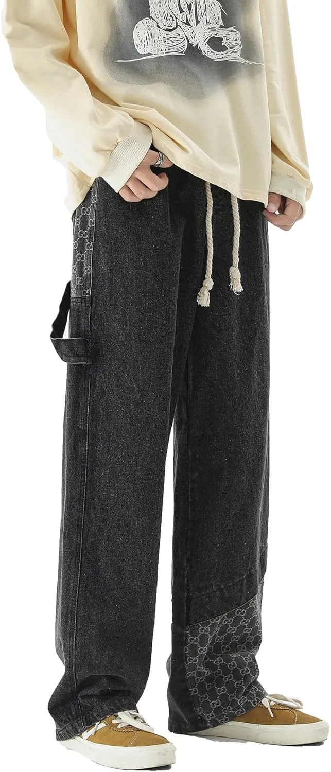 DOSLAVIDA Men's Hip Hop Jean Joggers Loose Fit Streetwear Biker Baggy Jeans Pants Stylish Printed Cargo Denim Pants
