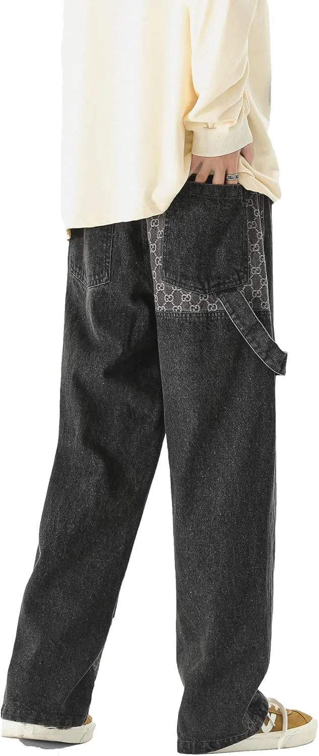 DOSLAVIDA Men's Hip Hop Jean Joggers Loose Fit Streetwear Biker Baggy Jeans Pants Stylish Printed Cargo Denim Pants