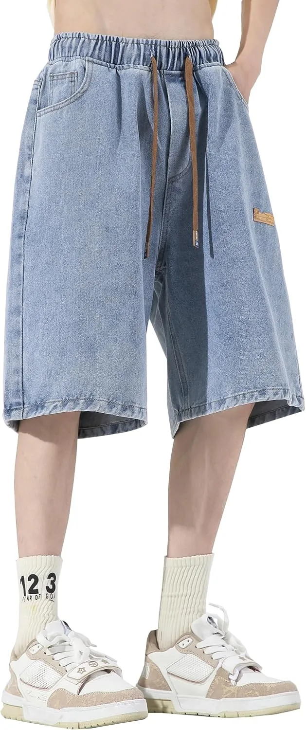 DOSLAVIDA Mens Jean Shorts Regular Fit Denim Shorts Elastic Waist Summer Beach Shorts Stylish Baggy Short Jeans