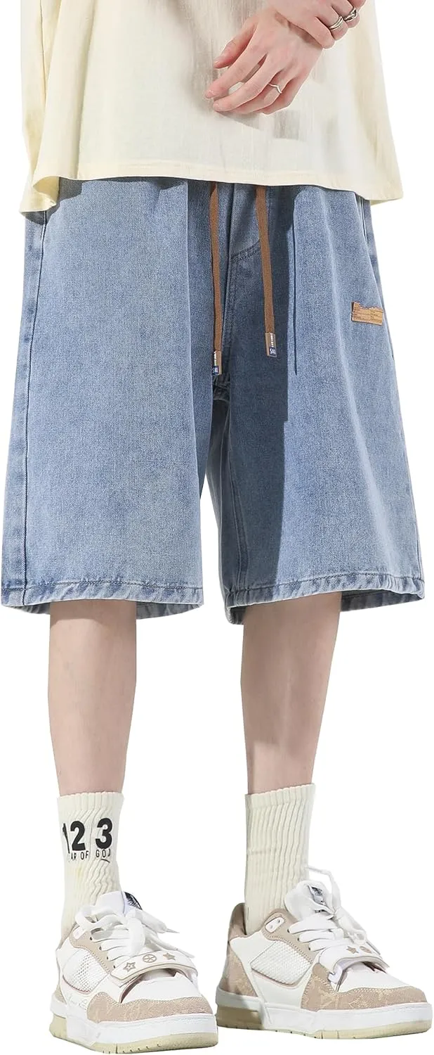 DOSLAVIDA Mens Jean Shorts Regular Fit Denim Shorts Elastic Waist Summer Beach Shorts Stylish Baggy Short Jeans
