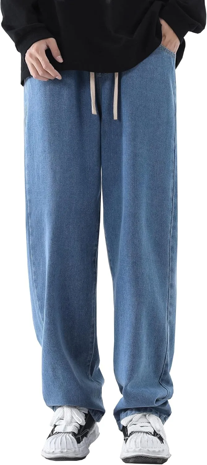 DOSLAVIDA Men's Regular Fit Straight Leg Jeans Casual Drawstring Elastic Waist Denim Pants Lightweight Carpenter Jean