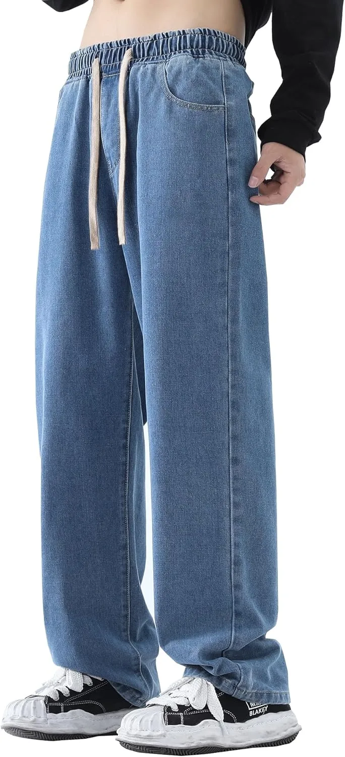 DOSLAVIDA Men's Regular Fit Straight Leg Jeans Casual Drawstring Elastic Waist Denim Pants Lightweight Carpenter Jean