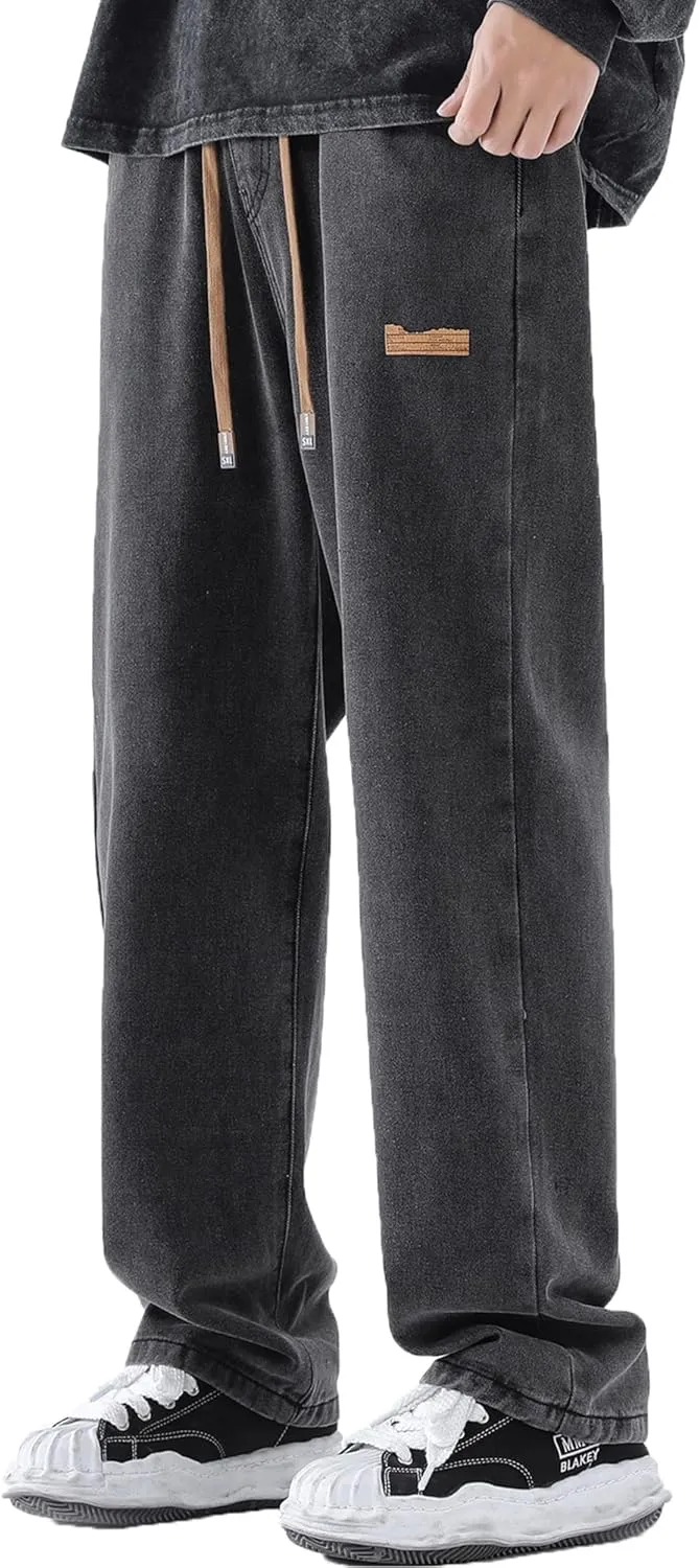 DOSLAVIDA Men's Regular Fit Straight Leg Jeans Casual Drawstring Elastic Waist Denim Pants Lightweight Carpenter Jean