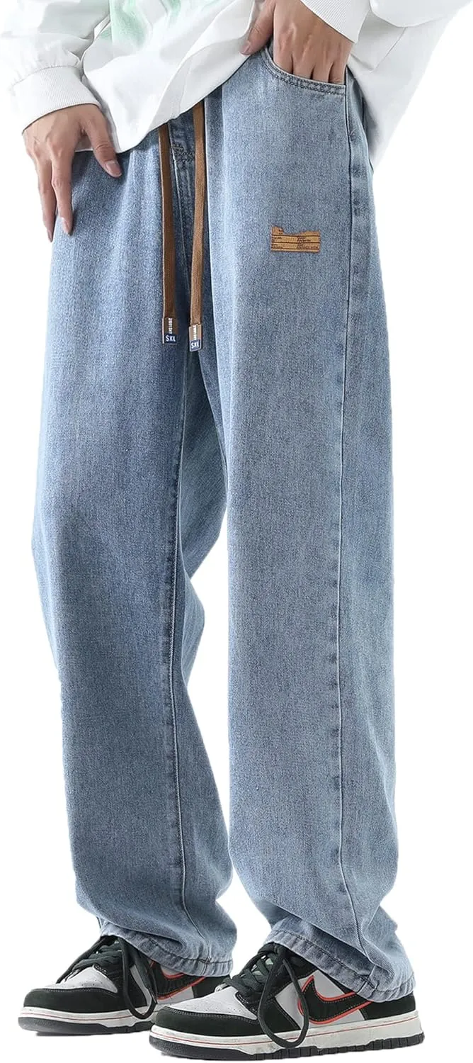 DOSLAVIDA Men's Regular Fit Straight Leg Jeans Casual Drawstring Elastic Waist Denim Pants Lightweight Carpenter Jean