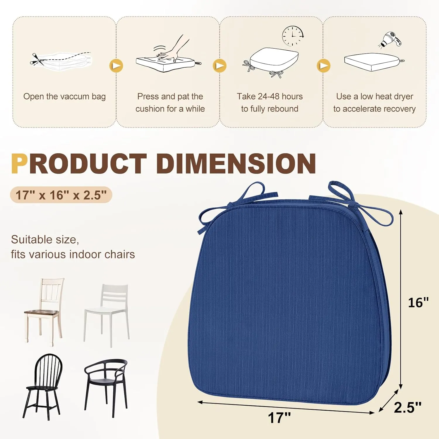 downluxe Indoor Chair Cushions for Dining Chairs, D-Shaped Chair Pads with Ties, Non Slip Dining Chair Cushions, 17" x 16" x 2.5", Blue, 6 Pack