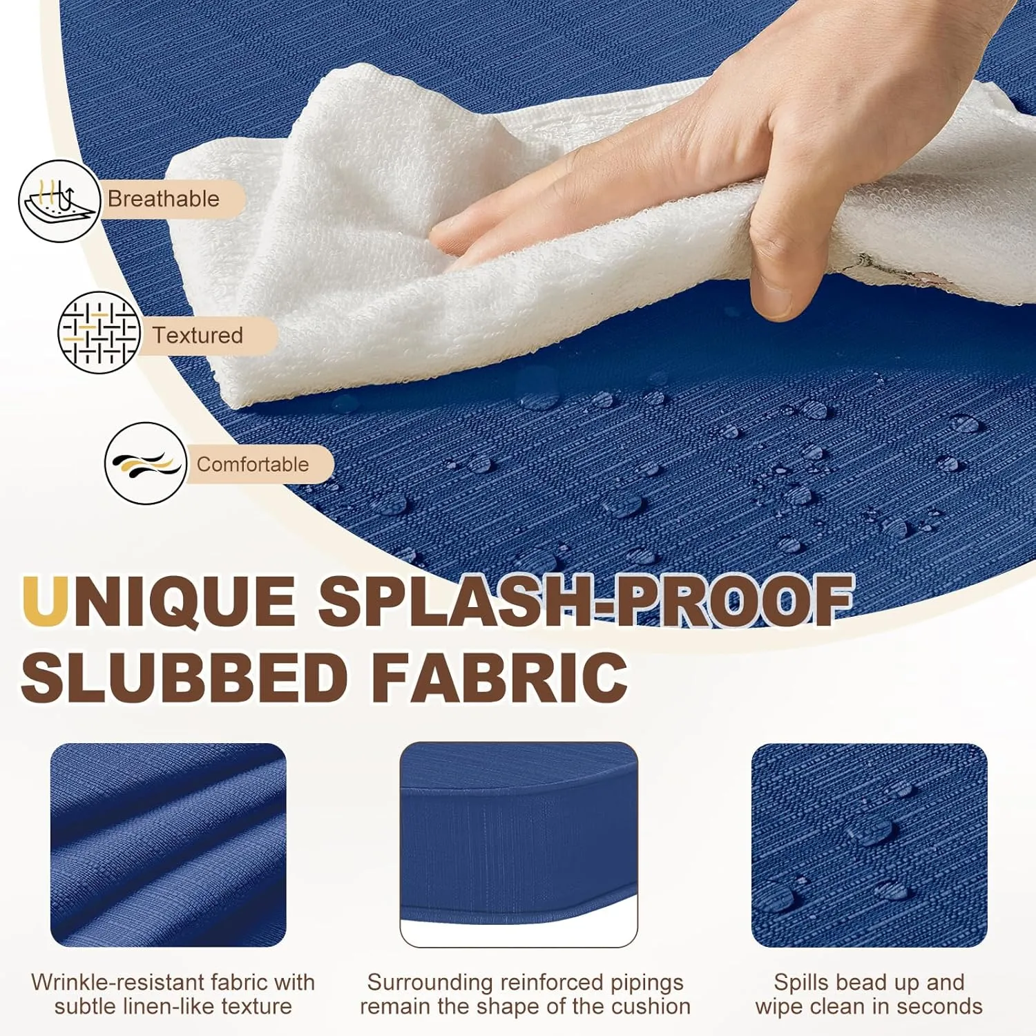 downluxe Indoor Chair Cushions for Dining Chairs, D-Shaped Chair Pads with Ties, Non Slip Dining Chair Cushions, 17" x 16" x 2.5", Blue, 6 Pack