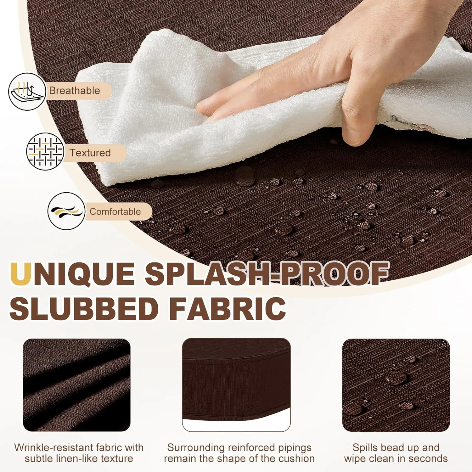 downluxe Indoor Chair Cushions for Dining Chairs, D-Shaped Chair Pads with Ties, Non Slip Dining Chair Cushions, 17" x 16" x 2.5", Brown, 6 Pack