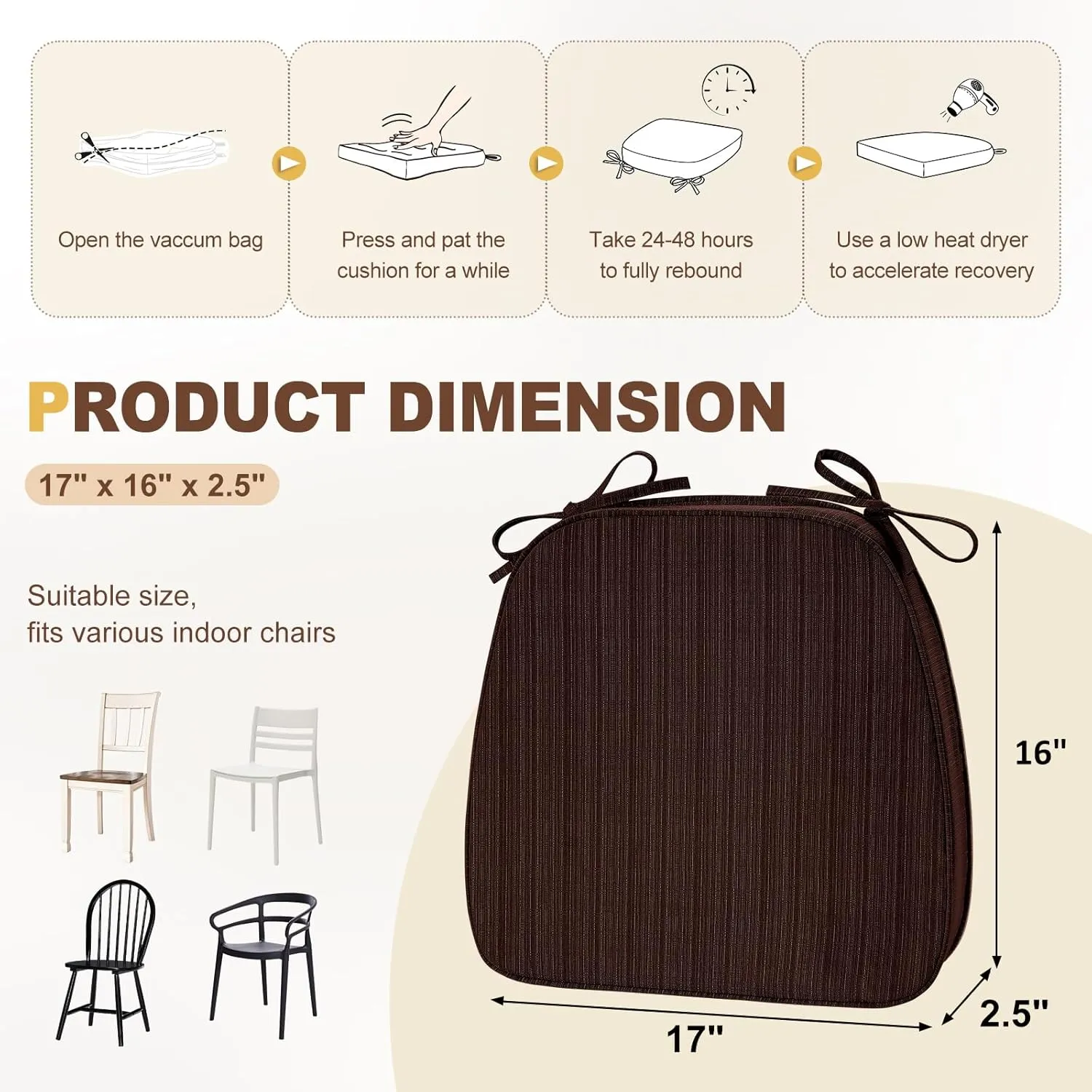 downluxe Indoor Chair Cushions for Dining Chairs, D-Shaped Chair Pads with Ties, Non Slip Dining Chair Cushions, 17" x 16" x 2.5", Brown, 6 Pack