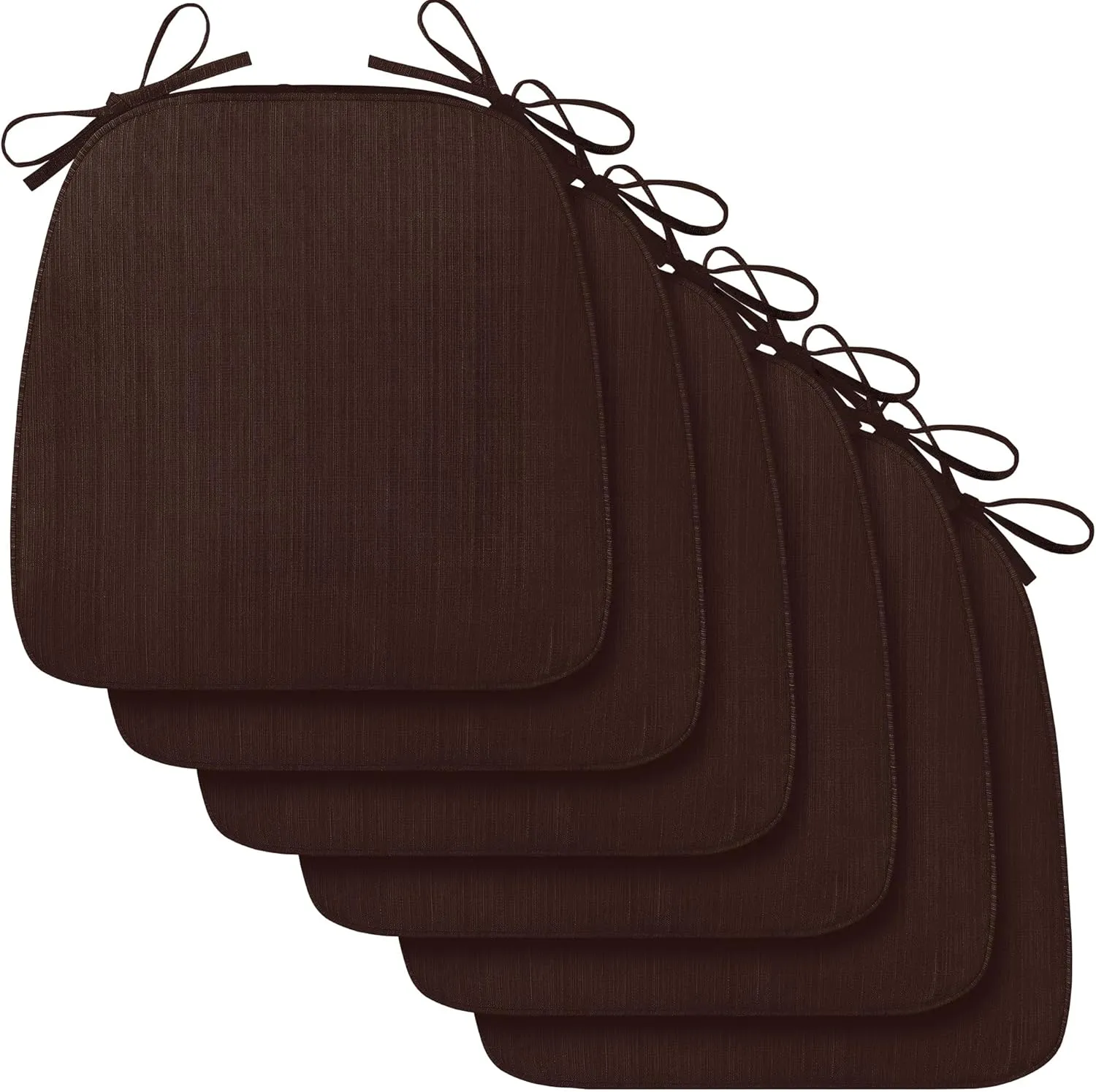 downluxe Indoor Chair Cushions for Dining Chairs, D-Shaped Chair Pads with Ties, Non Slip Dining Chair Cushions, 17" x 16" x 2.5", Brown, 6 Pack