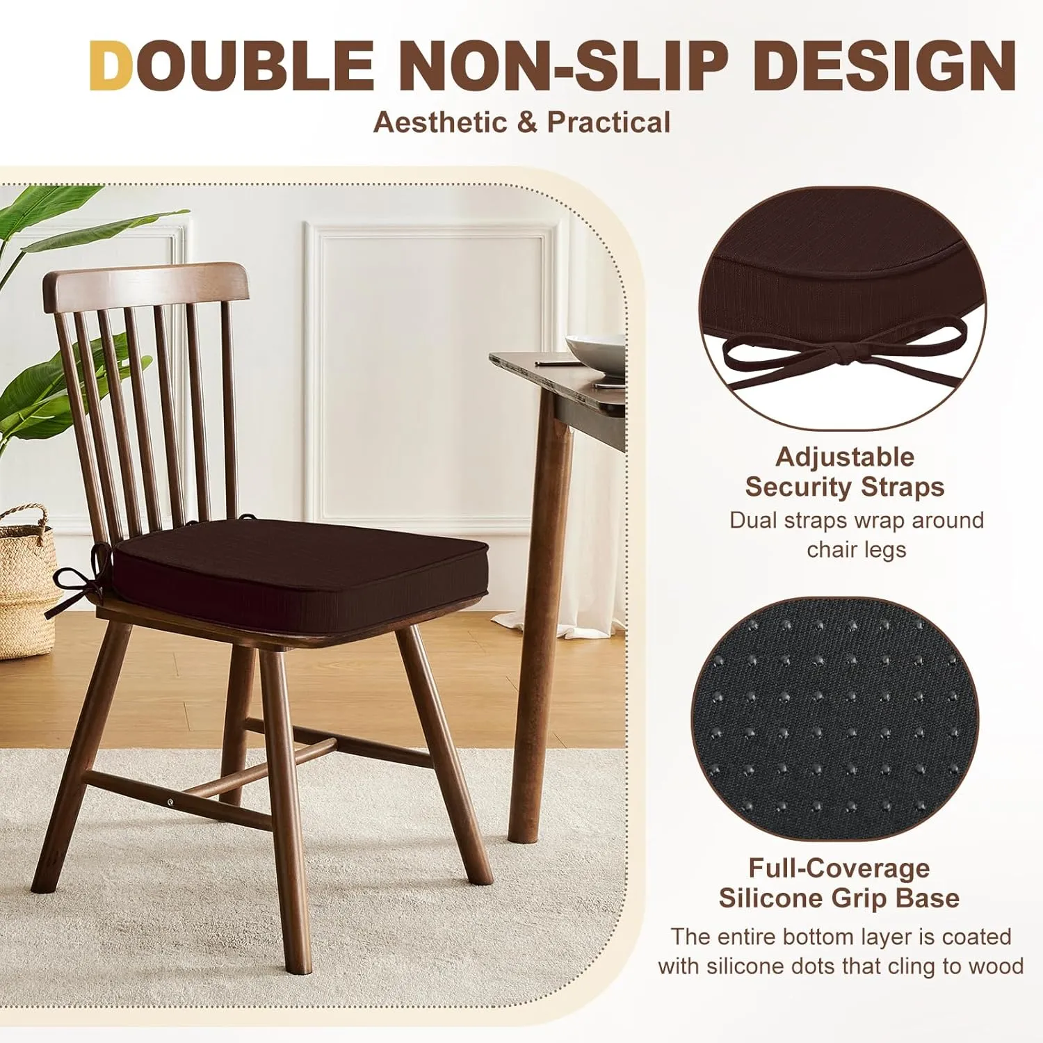 downluxe Indoor Chair Cushions for Dining Chairs, D-Shaped Chair Pads with Ties, Non Slip Dining Chair Cushions, 17" x 16" x 2.5", Brown, 6 Pack