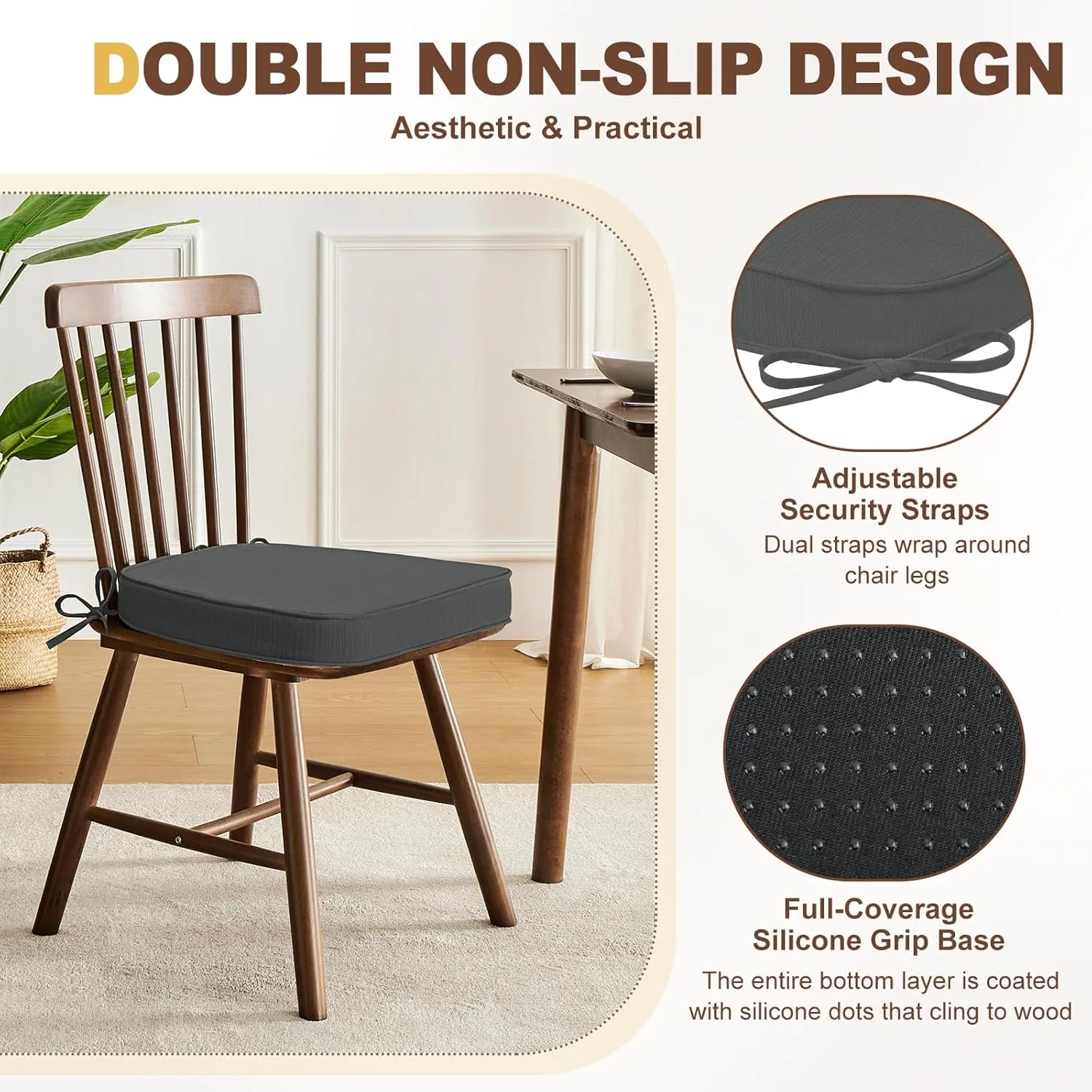 downluxe Indoor Chair Cushions for Dining Chairs, D-Shaped Chair Pads with Ties, Non Slip Dining Chair Cushions, 17" x 16" x 2.5", Dark Grey, 6 Pack